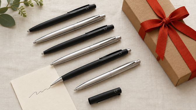 Kemik beyazı keten üstünde çapraz dizilmiş monogramlı siyah ve gümüş metal kalemler