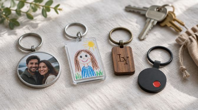 Fotoğraflı metal, çocuk çizimli akrilik, monogramlı ahşap ve siyah anahtarlıklar; yanında ev anahtarları