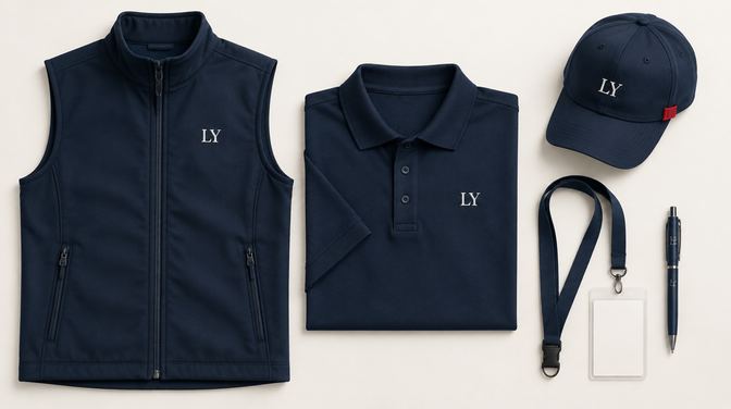 Lacivert yelek, polo tişört ve şapkada aynı monogram; yaka kartı ve kalemle kurumsal ekip seti