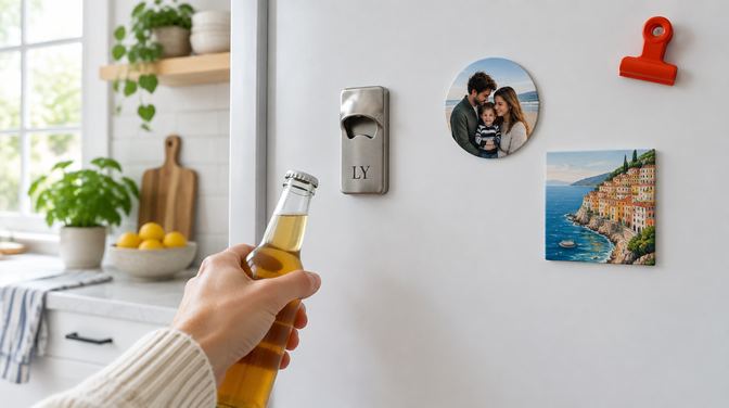 Beyaz buzdolabı kapısında monogramlı çelik magnet açacak, yanında aile fotoğraflı ve manzaralı magnetler