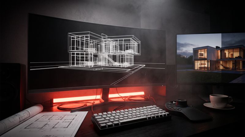 Render istasyonu: ekranda bir konutun tel kafes modeli ve yarım kalmış fotogerçekçi render