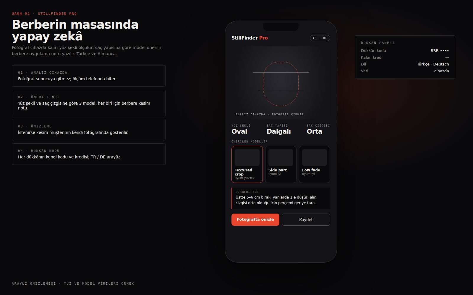 StillFinder Pro telefon arayüzü: yüz analizi, üç model önerisi ve berbere not