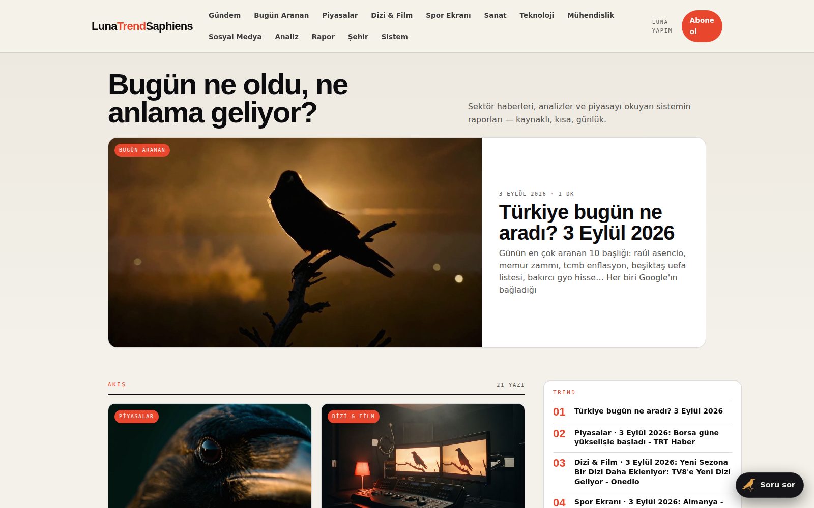 LunaTrendSaphiens ana sayfası: günün en çok arananları, bölüm kartları, günün rakamı ve takvim